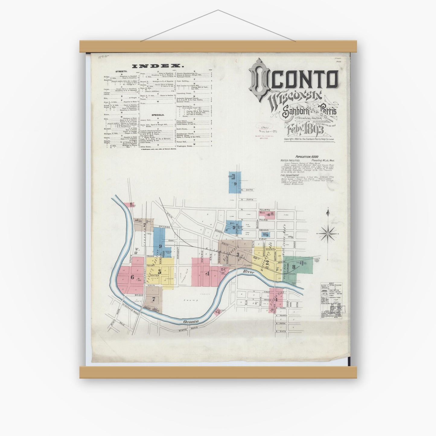 Old map wall art mockup — magnetic wood frame on white wall — Sanborn Fire Insurance Map from Oconto, Oconto County, Wisconsin (1893) - Complete Map Set