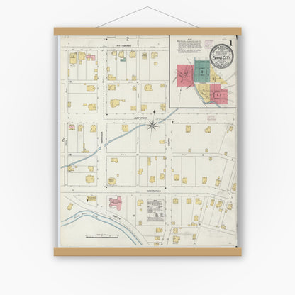 Old map wall art mockup — magnetic wood frame on white wall — Sanborn Fire Insurance Map from Evans City, Butler County, Pennsylvania (1906) - Complete Map Set