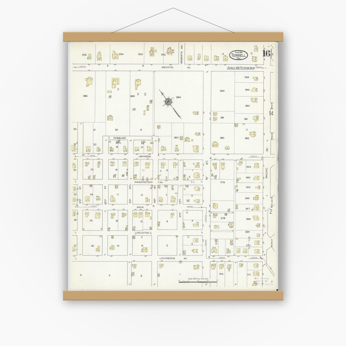 Old map wall art mockup — magnetic wood frame on white wall — Sanborn Fire Insurance Map from Terrell, Kaufman County, Texas (1914), Sheet #0016