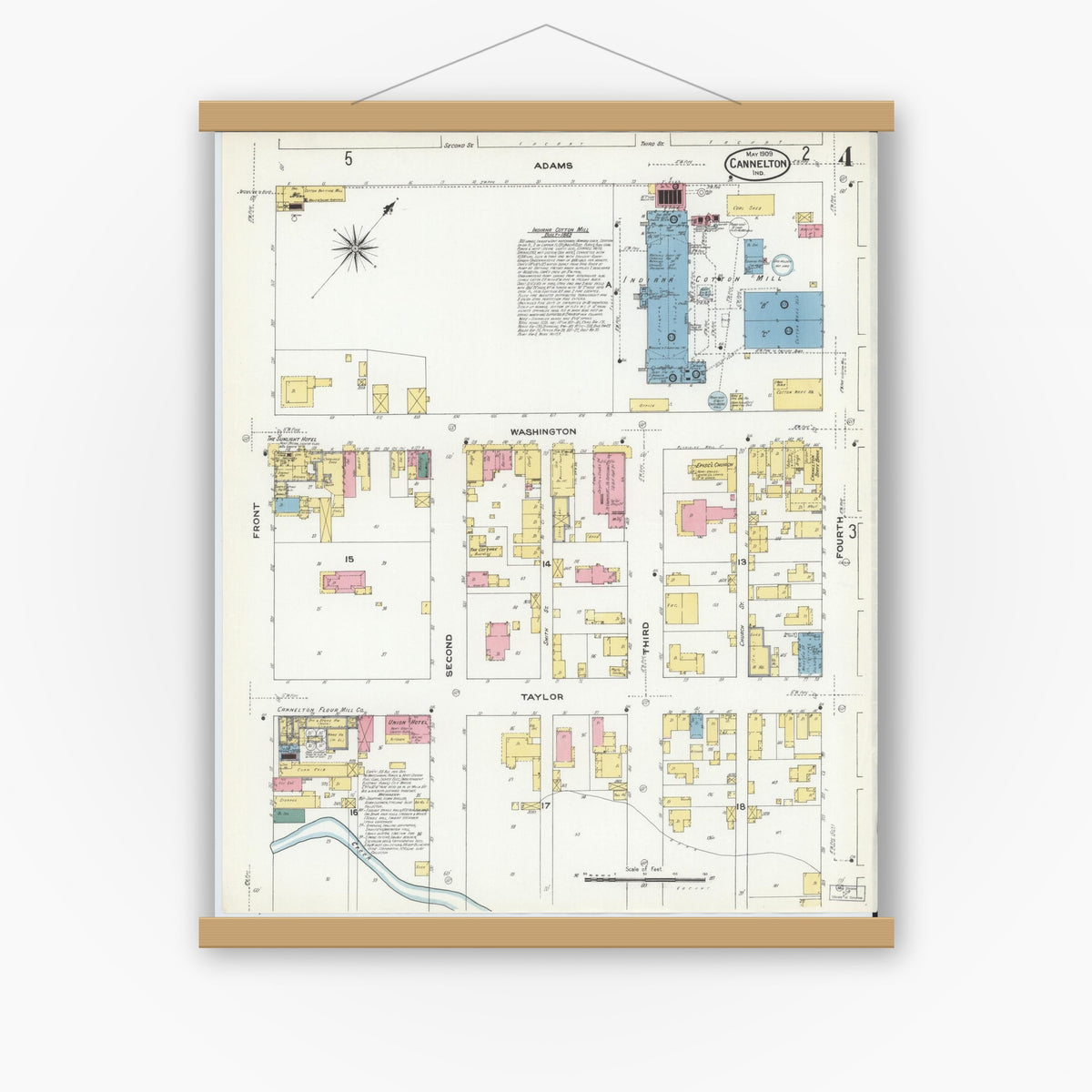 Old map wall art mockup — magnetic wood frame on white wall — Sanborn Fire Insurance Map from Cannelton, Perry County, Indiana (1909), Sheet #0004