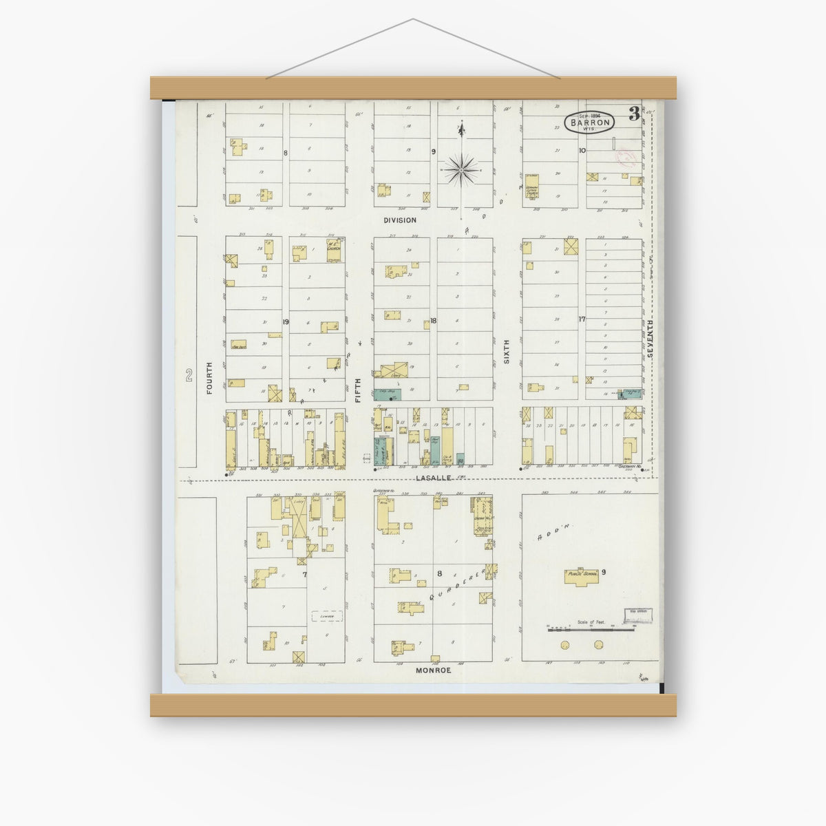 Old map wall art mockup — magnetic wood frame on white wall — Sanborn Fire Insurance Map from Barron, Barron County, Wisconsin (1894), Sheet #0003