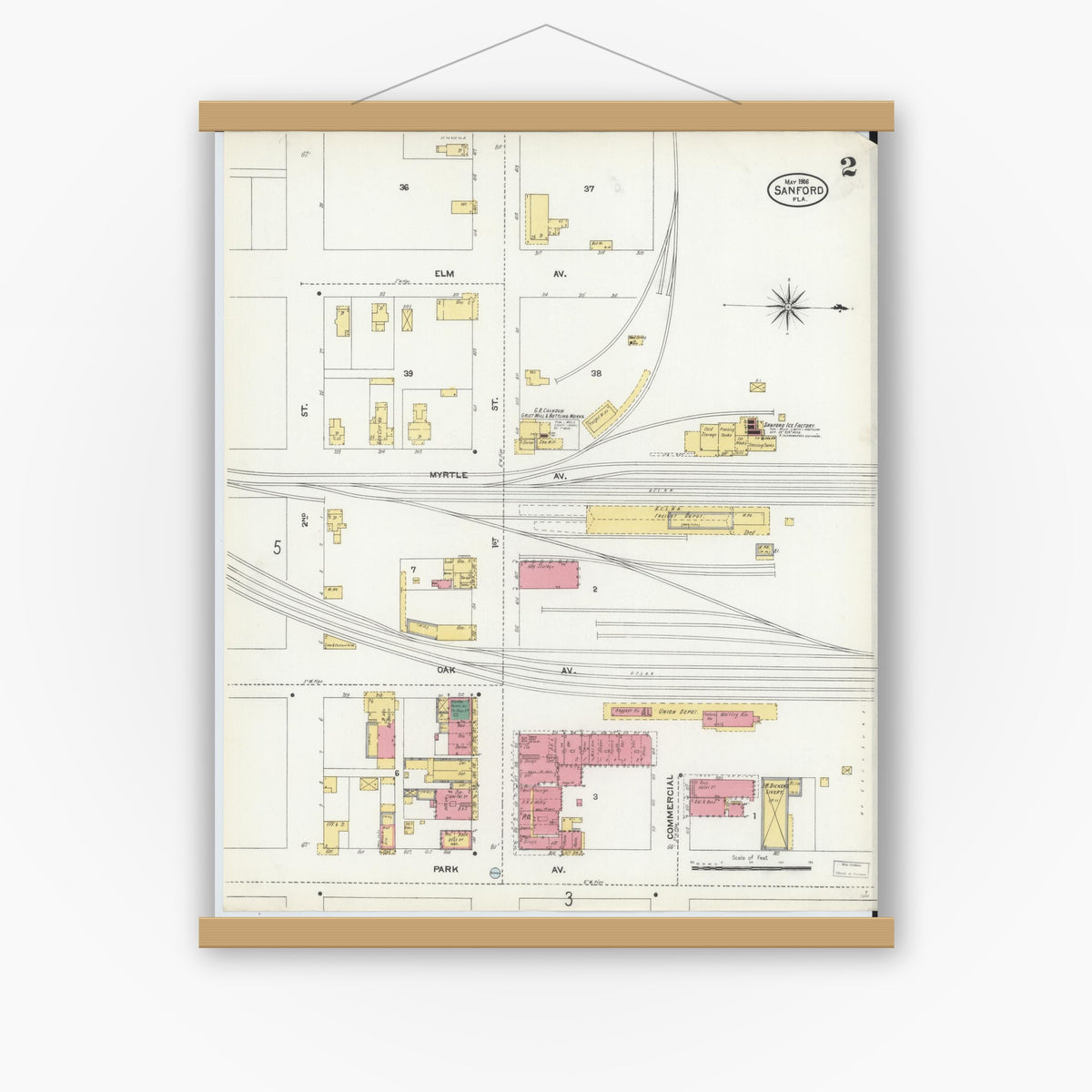Old map wall art mockup — magnetic wood frame on white wall — Sanborn Fire Insurance Map from Sanford, Seminole County, Florida (1906), Sheet #0002