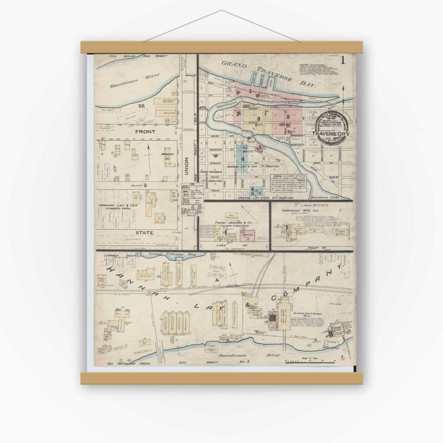 Old map wall art mockup — magnetic wood frame on white wall — Sanborn Fire Insurance Map from Traverse City, Grand Traverse County, Michigan (1884) - Complete Map Set
