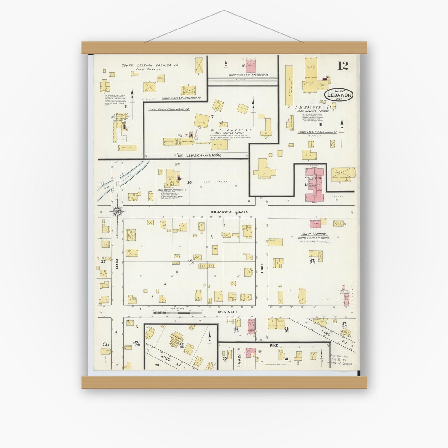 Old map wall art mockup — magnetic wood frame on white wall — Sanborn Fire Insurance Map from Lebanon, Warren County, Ohio (1917), Sheet #0012