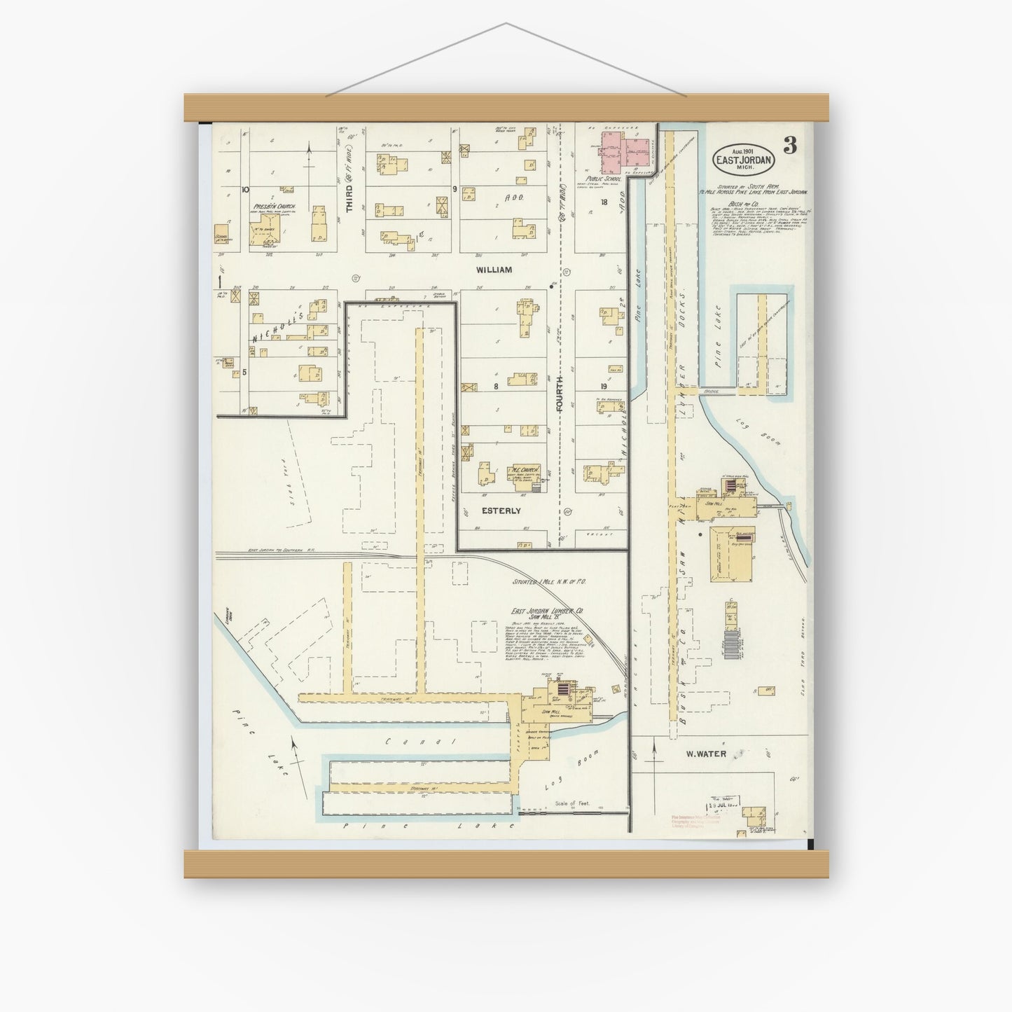 Old map wall art mockup — magnetic wood frame on white wall — Sanborn Fire Insurance Map from East Jordan, Charlevoix County, Michigan (1901), Sheet #0003