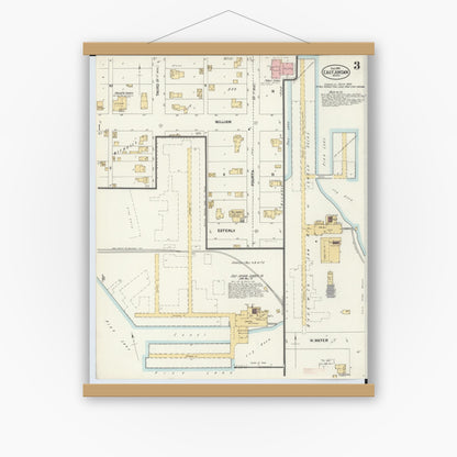 Old map wall art mockup — magnetic wood frame on white wall — Sanborn Fire Insurance Map from East Jordan, Charlevoix County, Michigan (1901), Sheet #0003