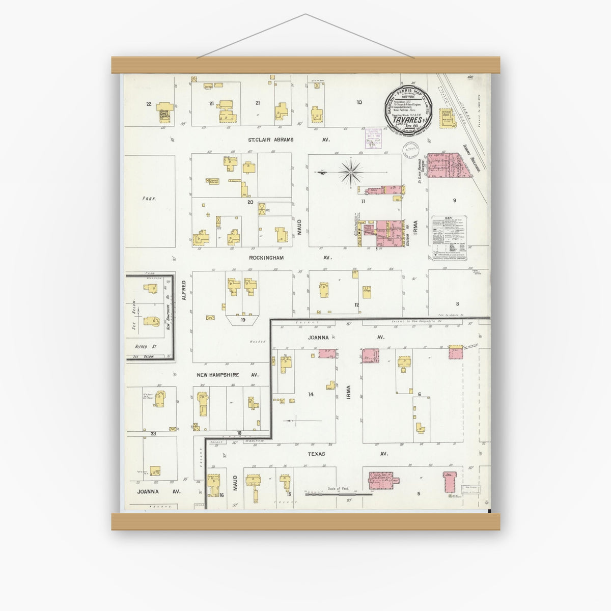 Old map wall art mockup — magnetic wood frame on white wall — Sanborn Fire Insurance Map from Tavares, Lake County, Florida (1901), Sheet #0001