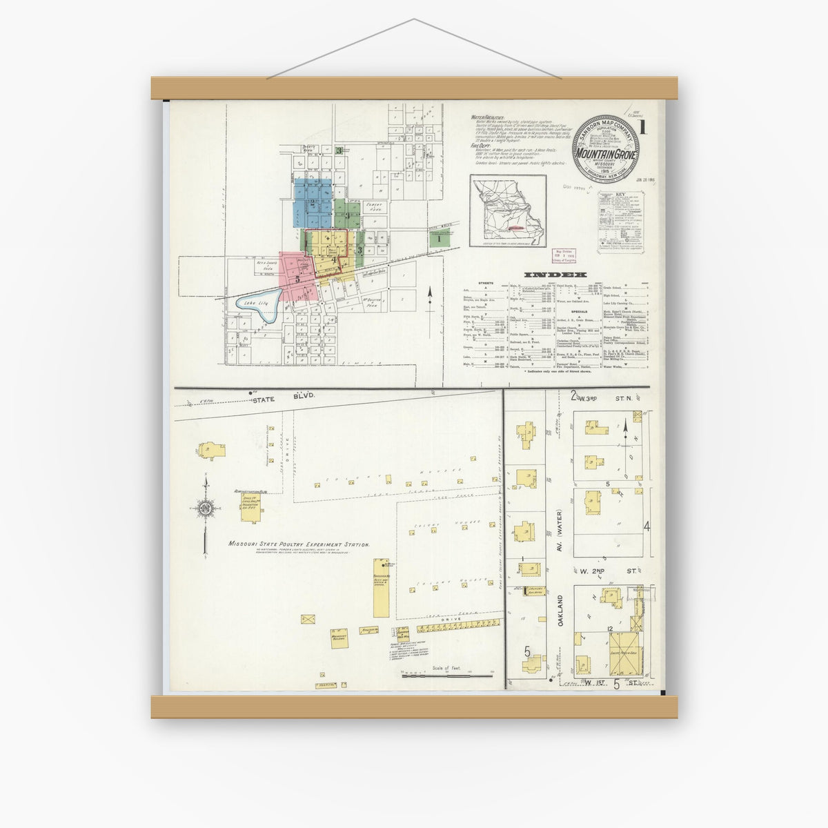 Old map wall art mockup — magnetic wood frame on white wall — Sanborn Fire Insurance Map from Mountain Grove, Wright County, Missouri (1915), Sheet #0001