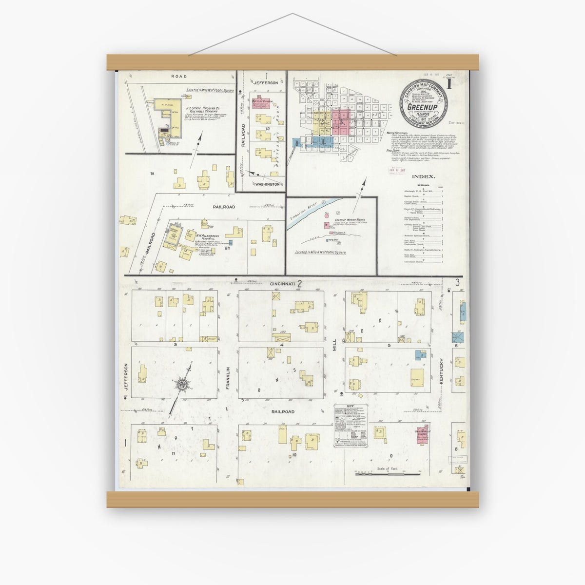 Old map wall art mockup — magnetic wood frame on white wall — Sanborn Fire Insurance Map from Greenup, Cumberland County, Illinois (1912), Sheet #0001