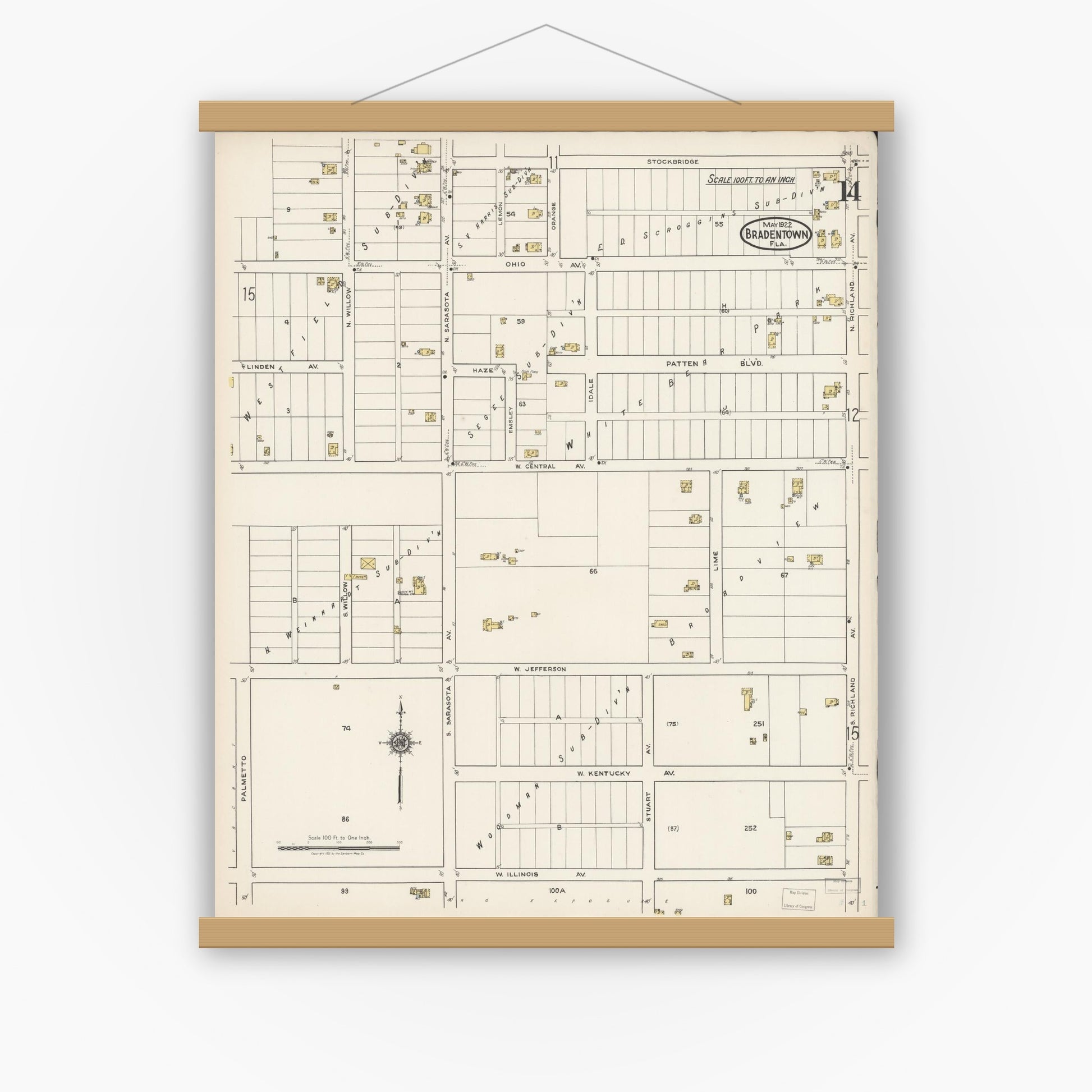 Old map wall art mockup — magnetic wood frame on white wall — Sanborn Fire Insurance Map from Bradentown, Manatee County, Florida (1922), Sheet #0014