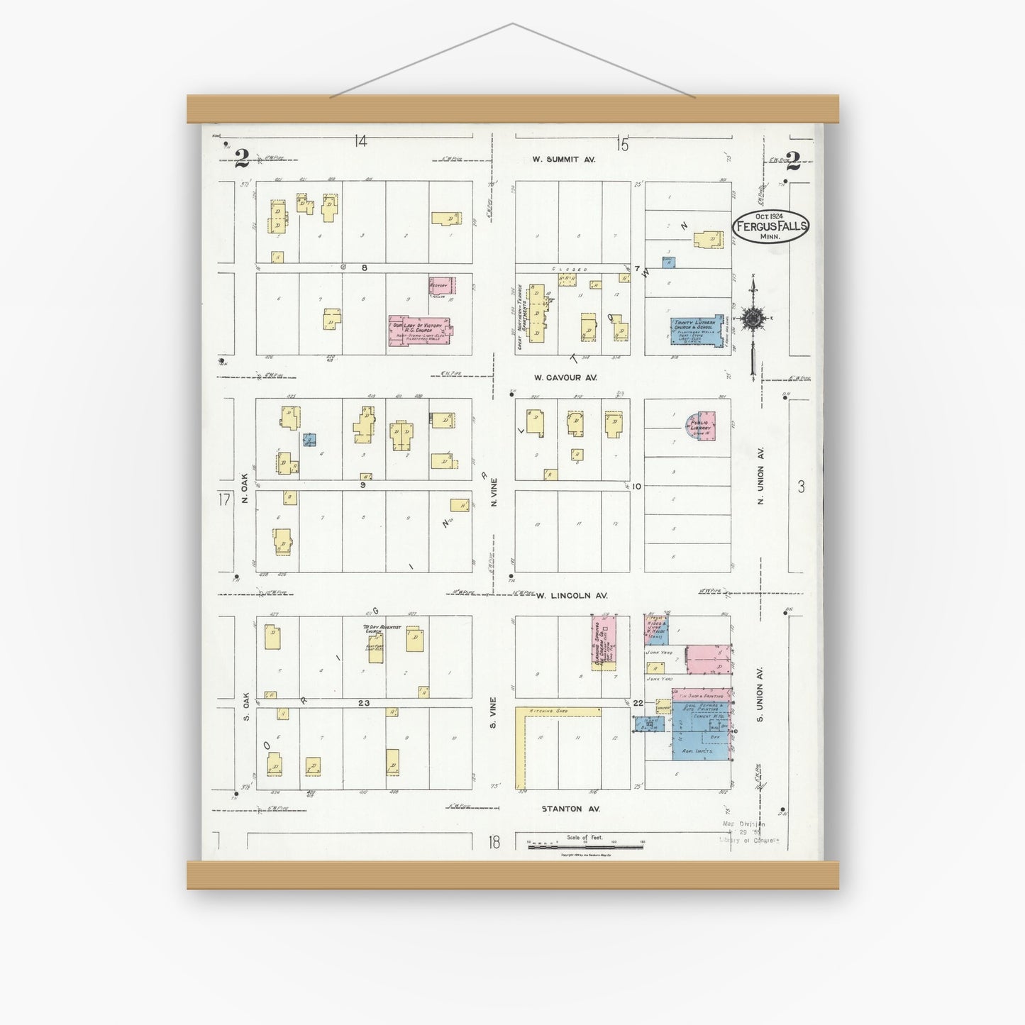 Old map wall art mockup — magnetic wood frame on white wall — Sanborn Fire Insurance Map from Fergus Falls, Otter Tail County, Minnesota (1924), Sheet #0002