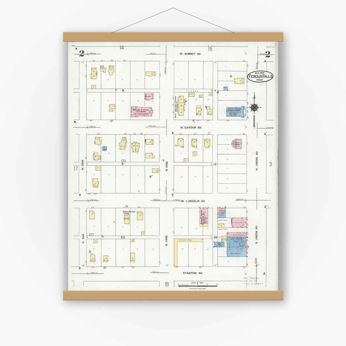 Old map wall art mockup — magnetic wood frame on white wall — Sanborn Fire Insurance Map from Fergus Falls, Otter Tail County, Minnesota (1924), Sheet #0002