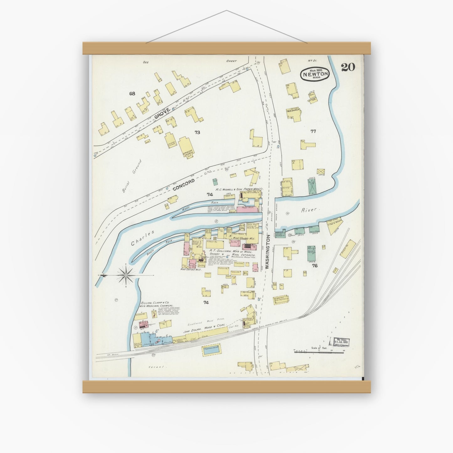 Old map wall art mockup — magnetic wood frame on white wall — Sanborn Fire Insurance Map from Newton, Middlesex County, Massachusetts (1892), Sheet #0020