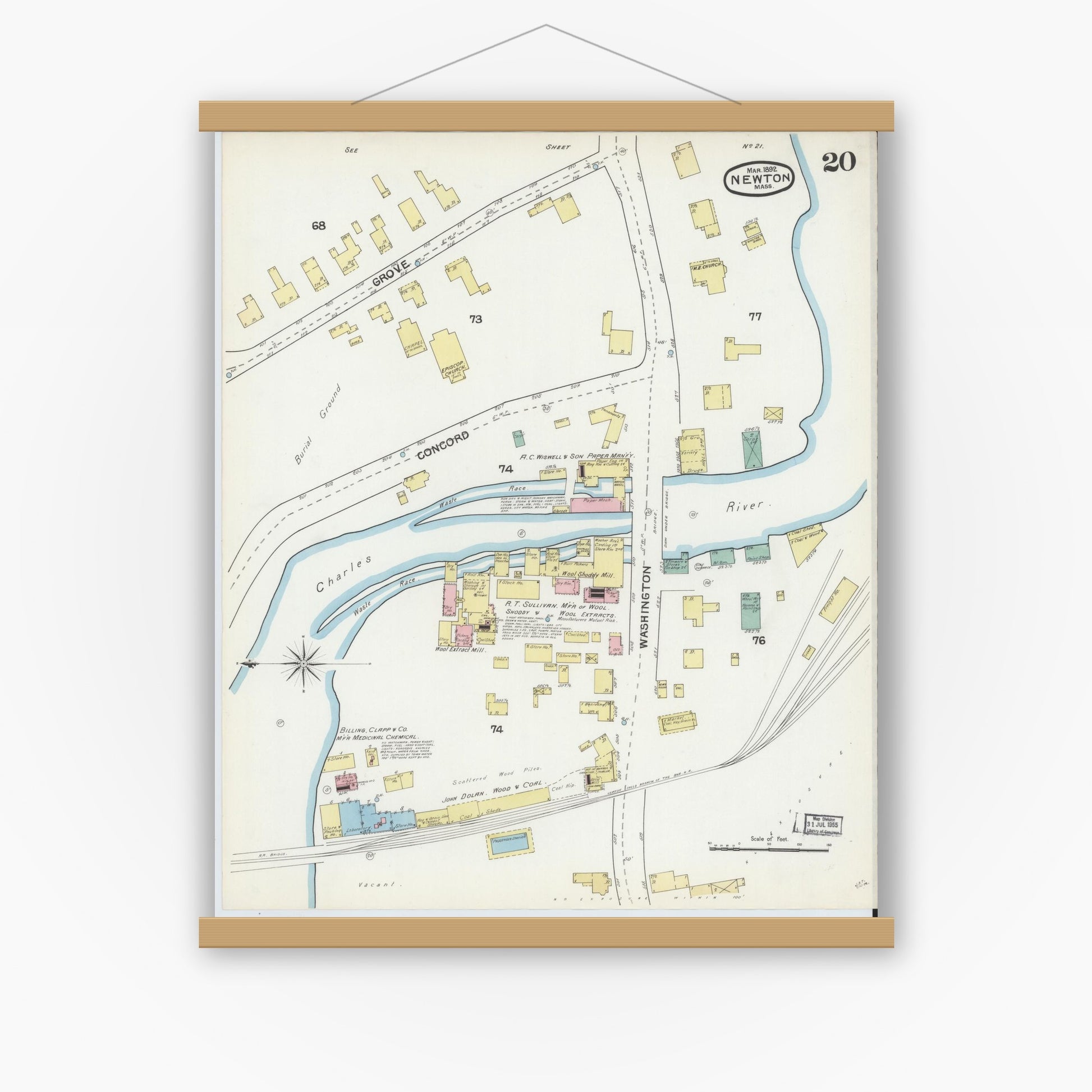 Old map wall art mockup — magnetic wood frame on white wall — Sanborn Fire Insurance Map from Newton, Middlesex County, Massachusetts (1892), Sheet #0020