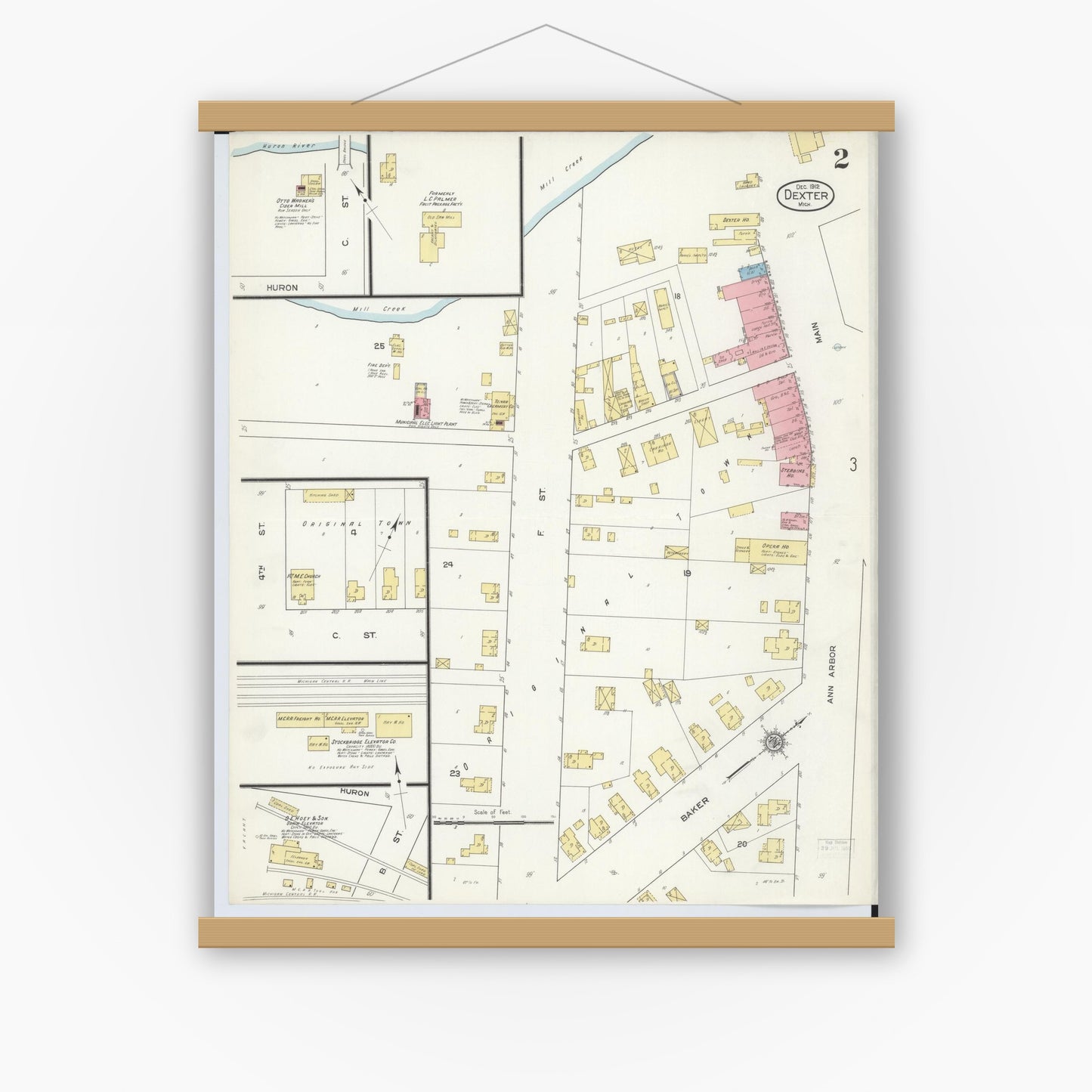 Old map wall art mockup — magnetic wood frame on white wall — Sanborn Fire Insurance Map from Dexter, Washtenaw County, Michigan (1912), Sheet #0002