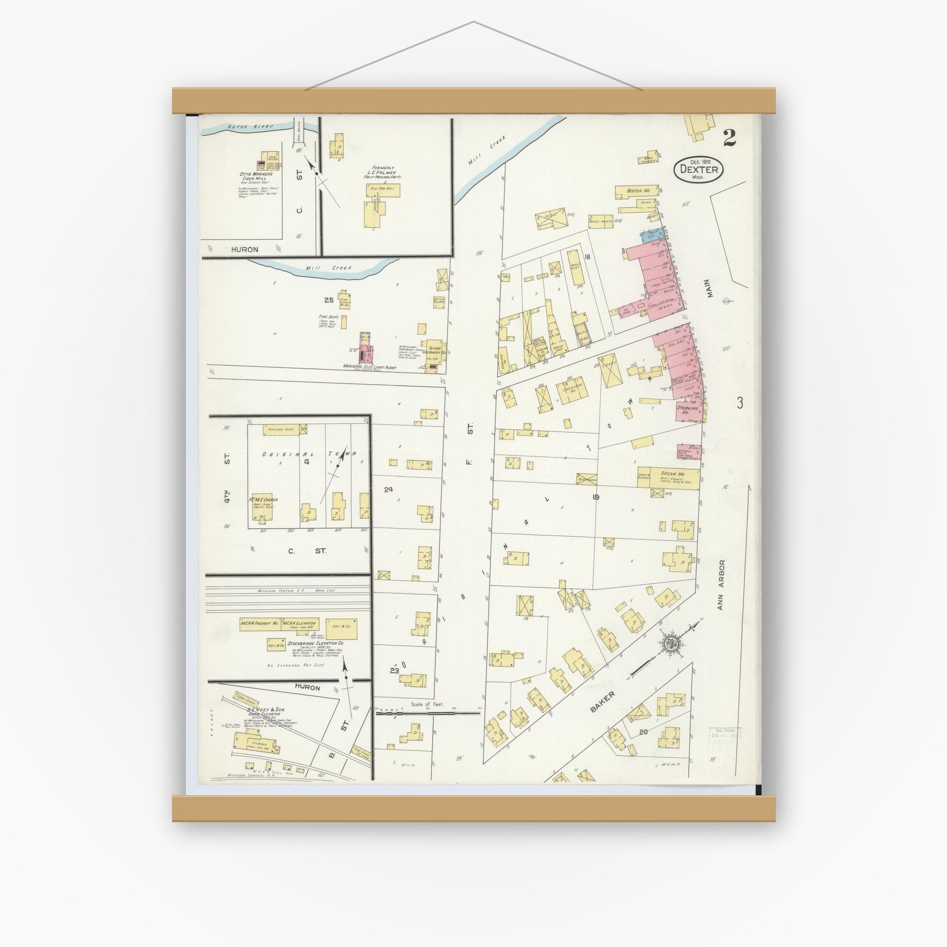 Old map wall art mockup — magnetic wood frame on white wall — Sanborn Fire Insurance Map from Dexter, Washtenaw County, Michigan (1912), Sheet #0002