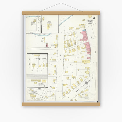 Old map wall art mockup — magnetic wood frame on white wall — Sanborn Fire Insurance Map from Dexter, Washtenaw County, Michigan (1912), Sheet #0002