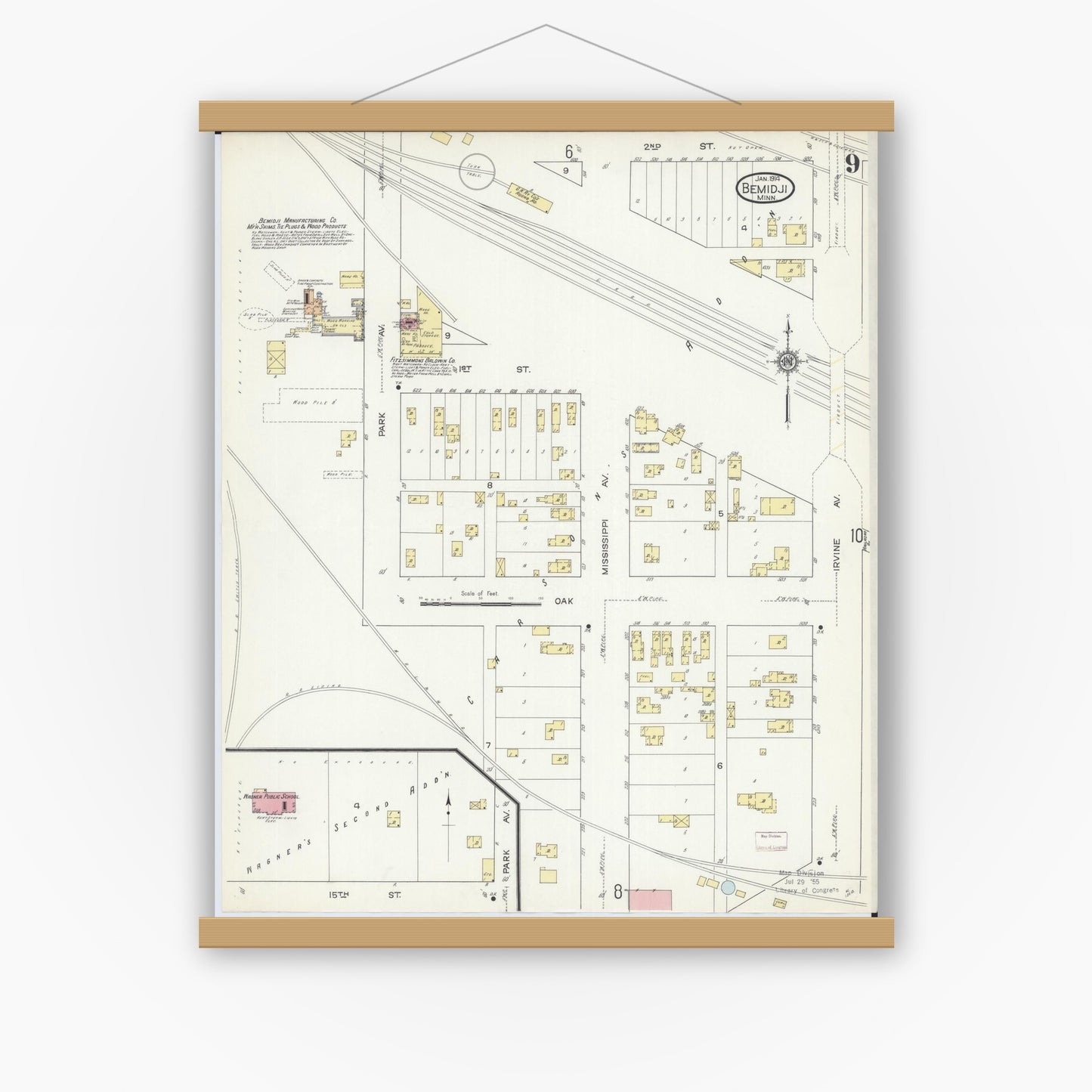 Old map wall art mockup — magnetic wood frame on white wall — Sanborn Fire Insurance Map from Bemidji, Beltrami County, Minnesota (1914), Sheet #0009