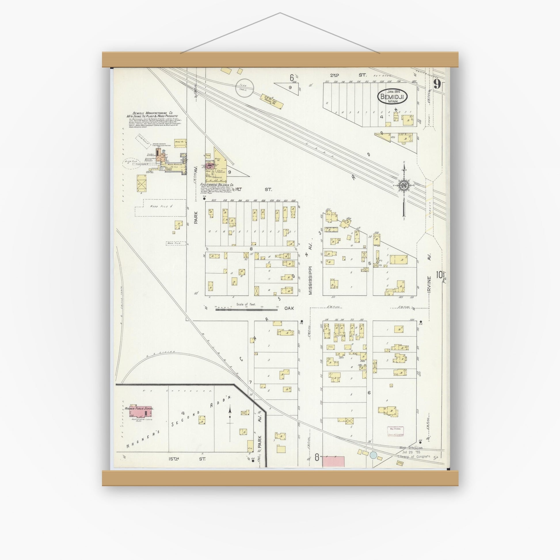 Old map wall art mockup — magnetic wood frame on white wall — Sanborn Fire Insurance Map from Bemidji, Beltrami County, Minnesota (1914), Sheet #0009