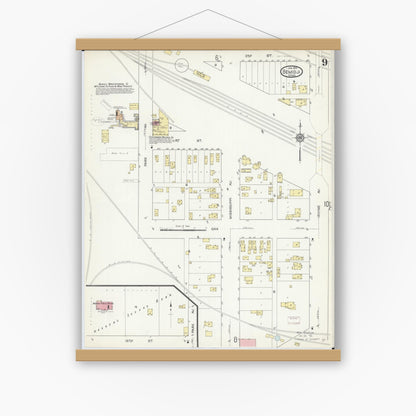 Old map wall art mockup — magnetic wood frame on white wall — Sanborn Fire Insurance Map from Bemidji, Beltrami County, Minnesota (1914), Sheet #0009