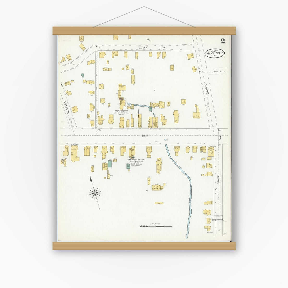 Old map wall art mockup — magnetic wood frame on white wall — Sanborn Fire Insurance Map from Monticello, Sullivan County, New York (1904), Sheet #0002