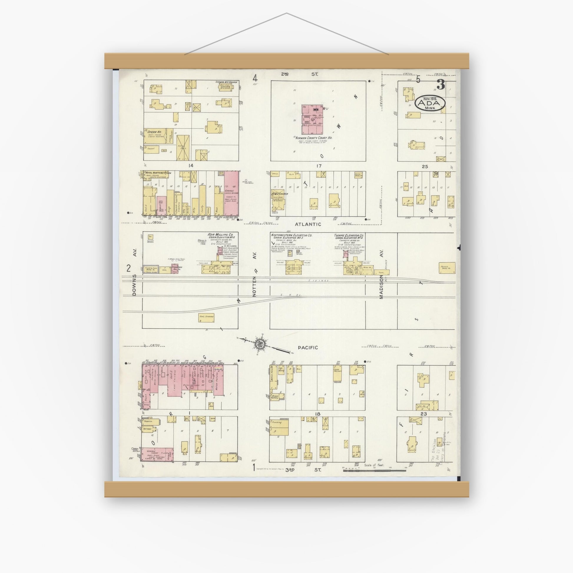 Old map wall art mockup — magnetic wood frame on white wall — Sanborn Fire Insurance Map from Ada, Norman County, Minnesota (1916), Sheet #0003