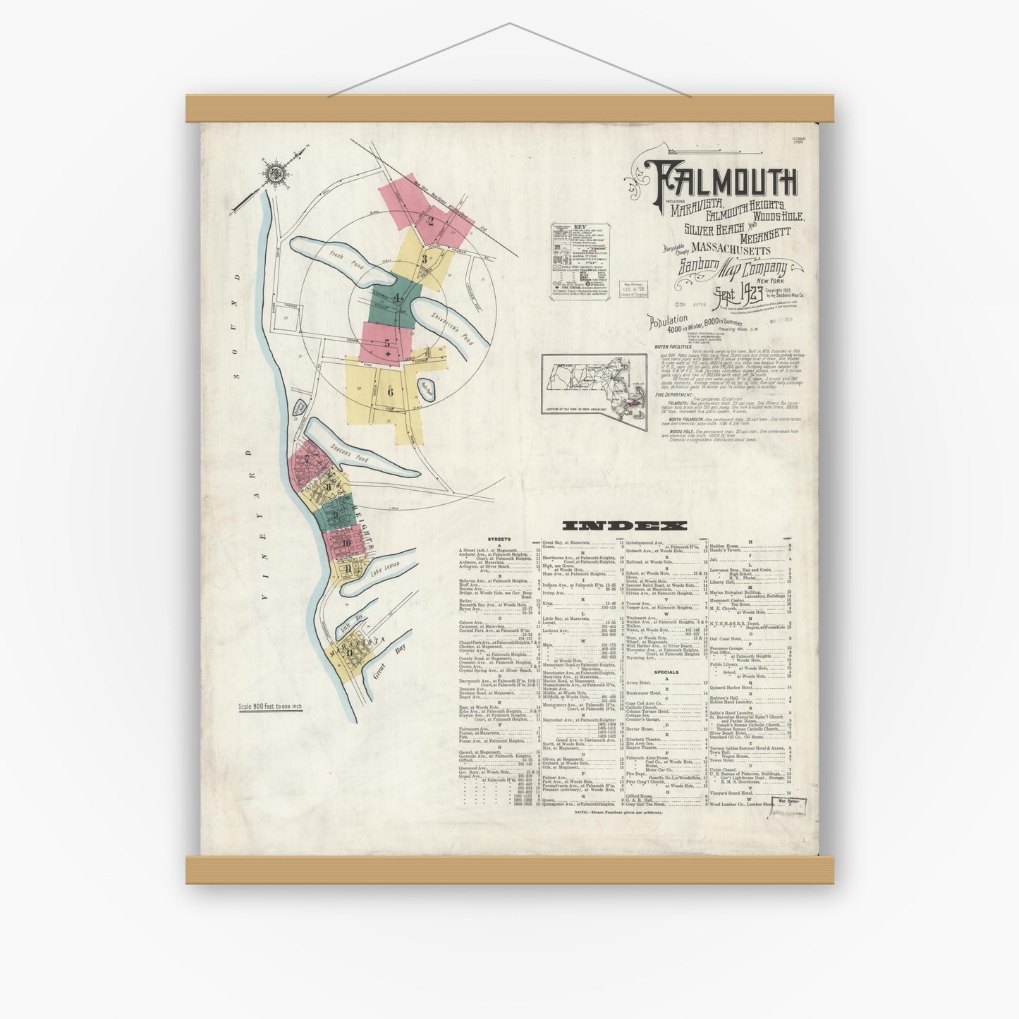 Old map wall art mockup — magnetic wood frame on white wall — Sanborn Fire Insurance Map from Falmouth, Barnstable County, Massachusetts (1923) - Complete Map Set