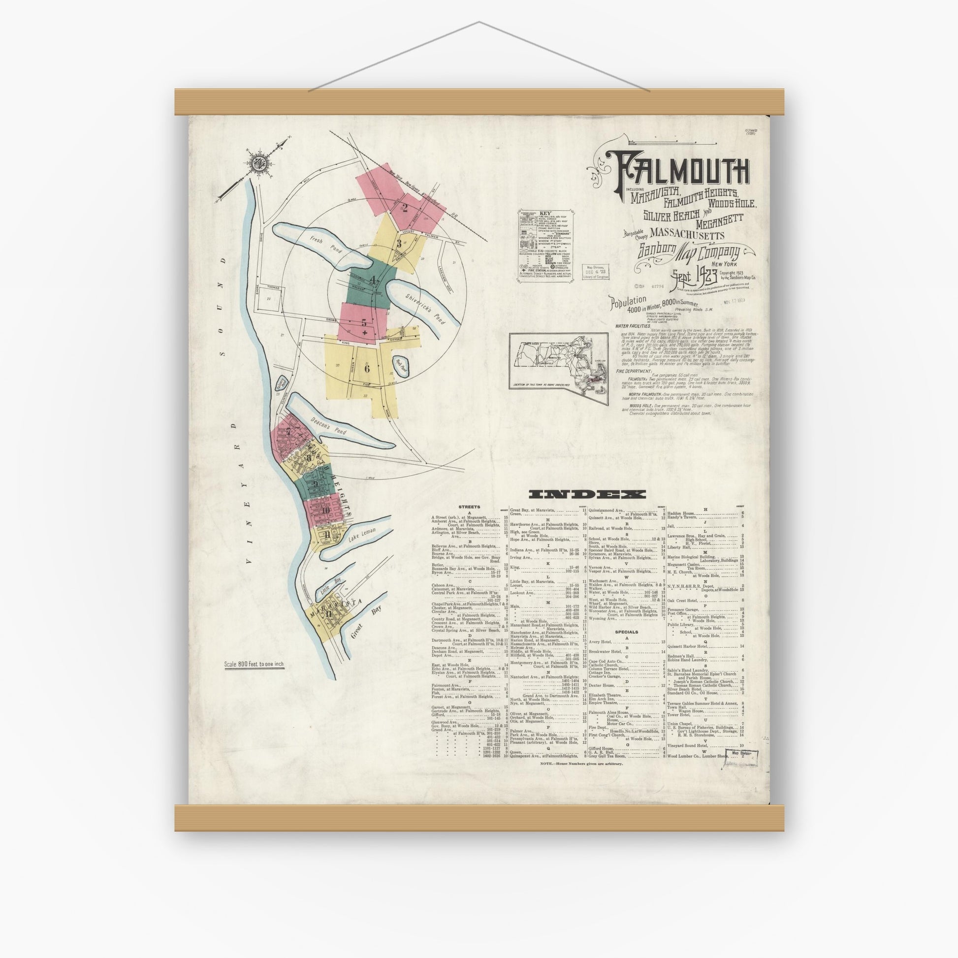 Old map wall art mockup — magnetic wood frame on white wall — Sanborn Fire Insurance Map from Falmouth, Barnstable County, Massachusetts (1923) - Complete Map Set
