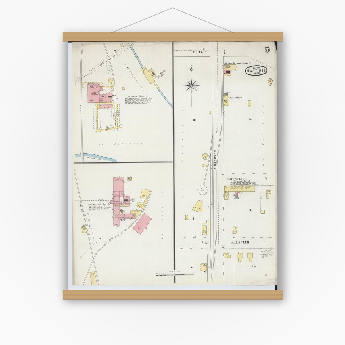 Old map wall art mockup — magnetic wood frame on white wall — Sanborn Fire Insurance Map from Hastings, Barry County, Michigan (1896), Sheet #0005