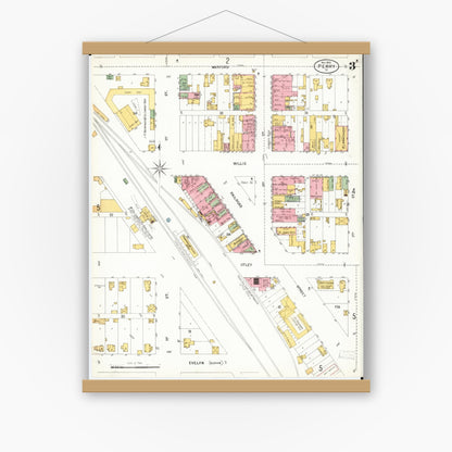 Old map wall art mockup — magnetic wood frame on white wall — Sanborn Fire Insurance Map from Perry, Dallas County, Iowa (1900), Sheet #0003