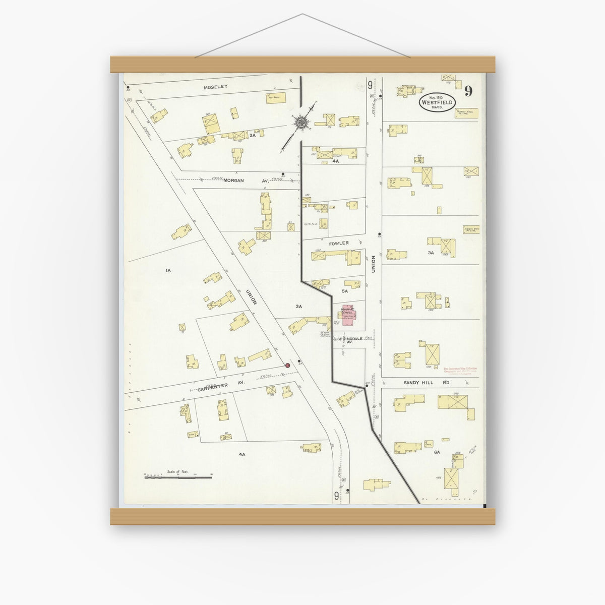 Old map wall art mockup — magnetic wood frame on white wall — Sanborn Fire Insurance Map from Westfield, Hampden County, Massachusetts (1910), Sheet #0009