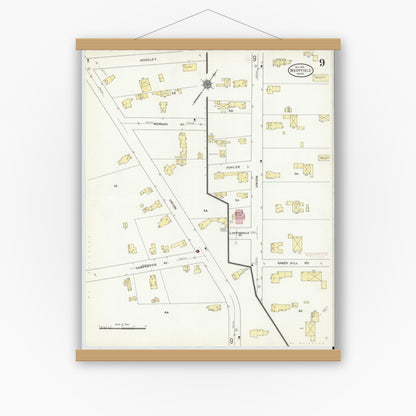 Old map wall art mockup — magnetic wood frame on white wall — Sanborn Fire Insurance Map from Westfield, Hampden County, Massachusetts (1910), Sheet #0009