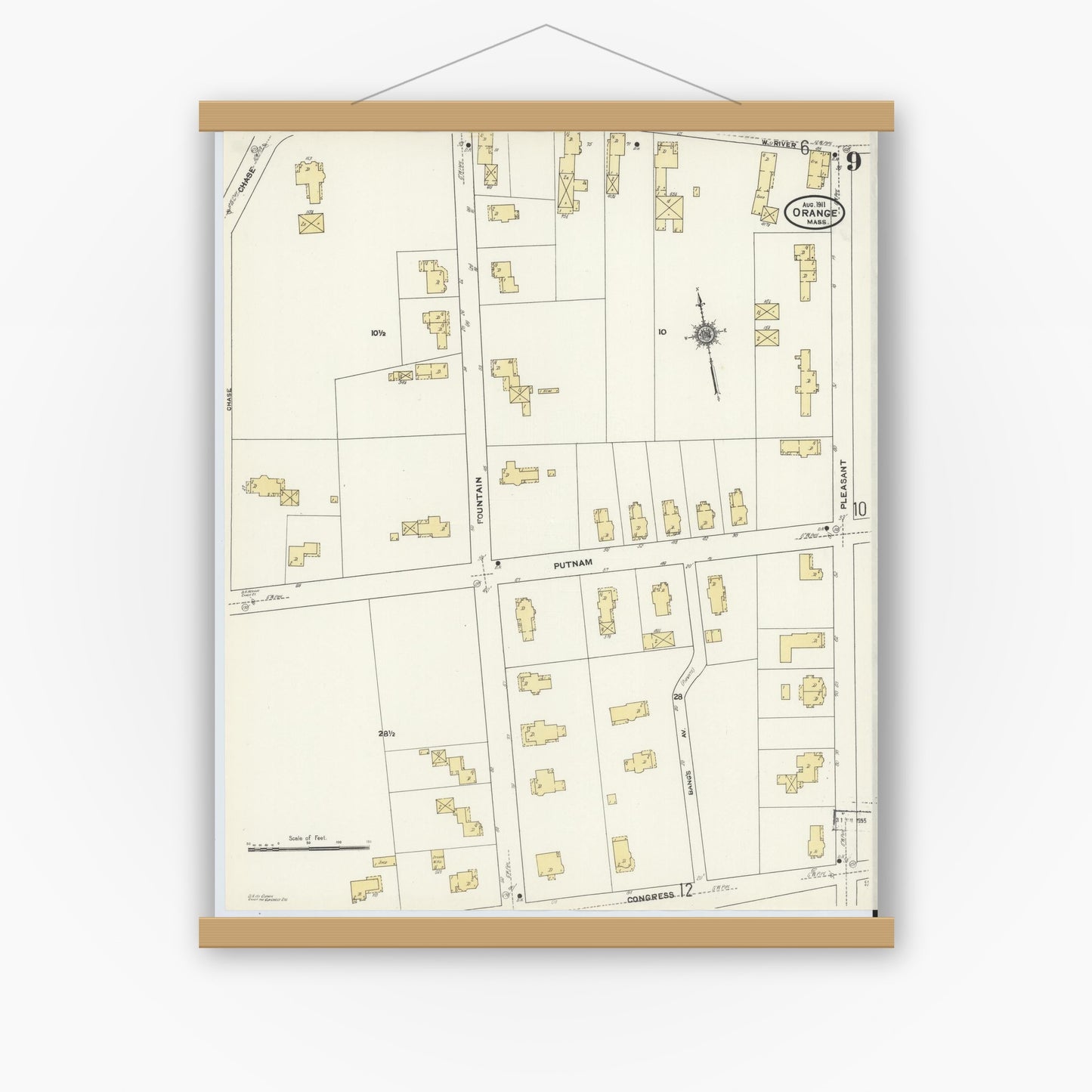 Old map wall art mockup — magnetic wood frame on white wall — Sanborn Fire Insurance Map from Orange, Franklin County, Massachusetts (1911), Sheet #0009
