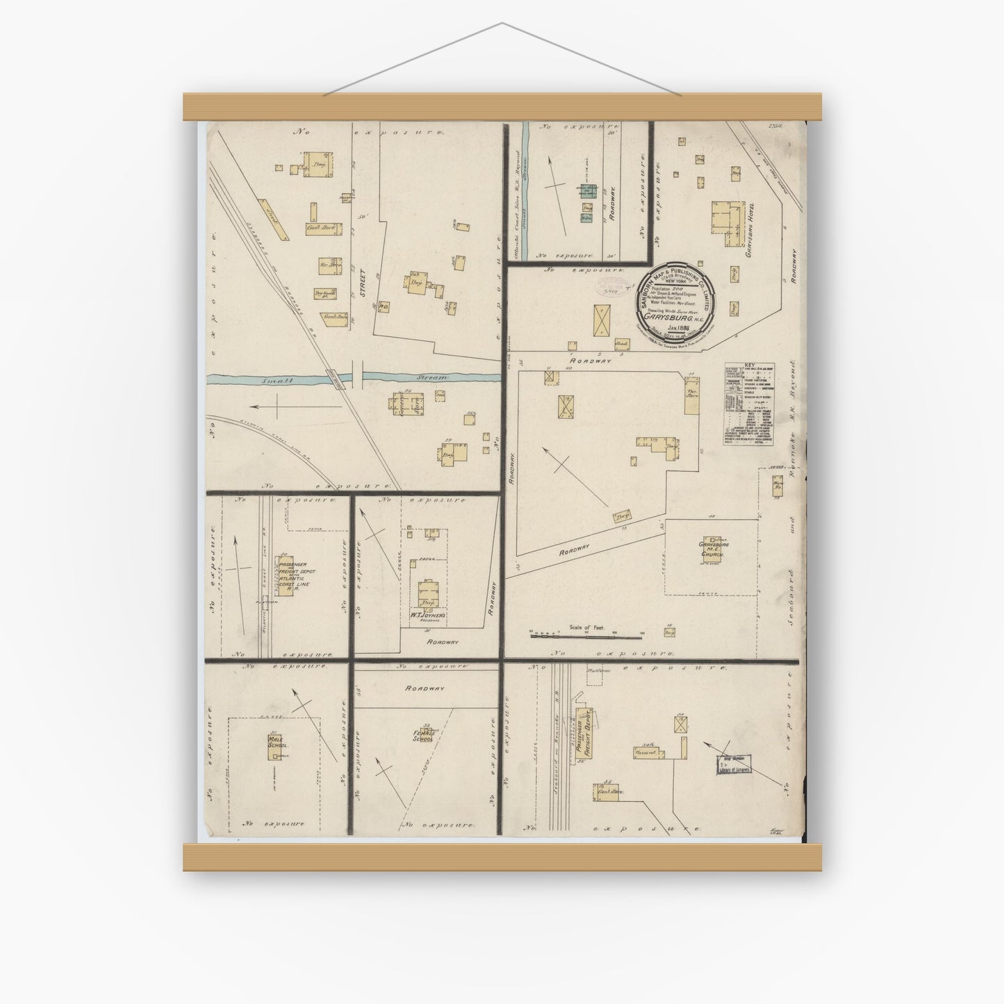 Old map wall art mockup — magnetic wood frame on white wall — Sanborn Fire Insurance Map from Garysburg, Northampton County, North Carolina (1888), Sheet #0001
