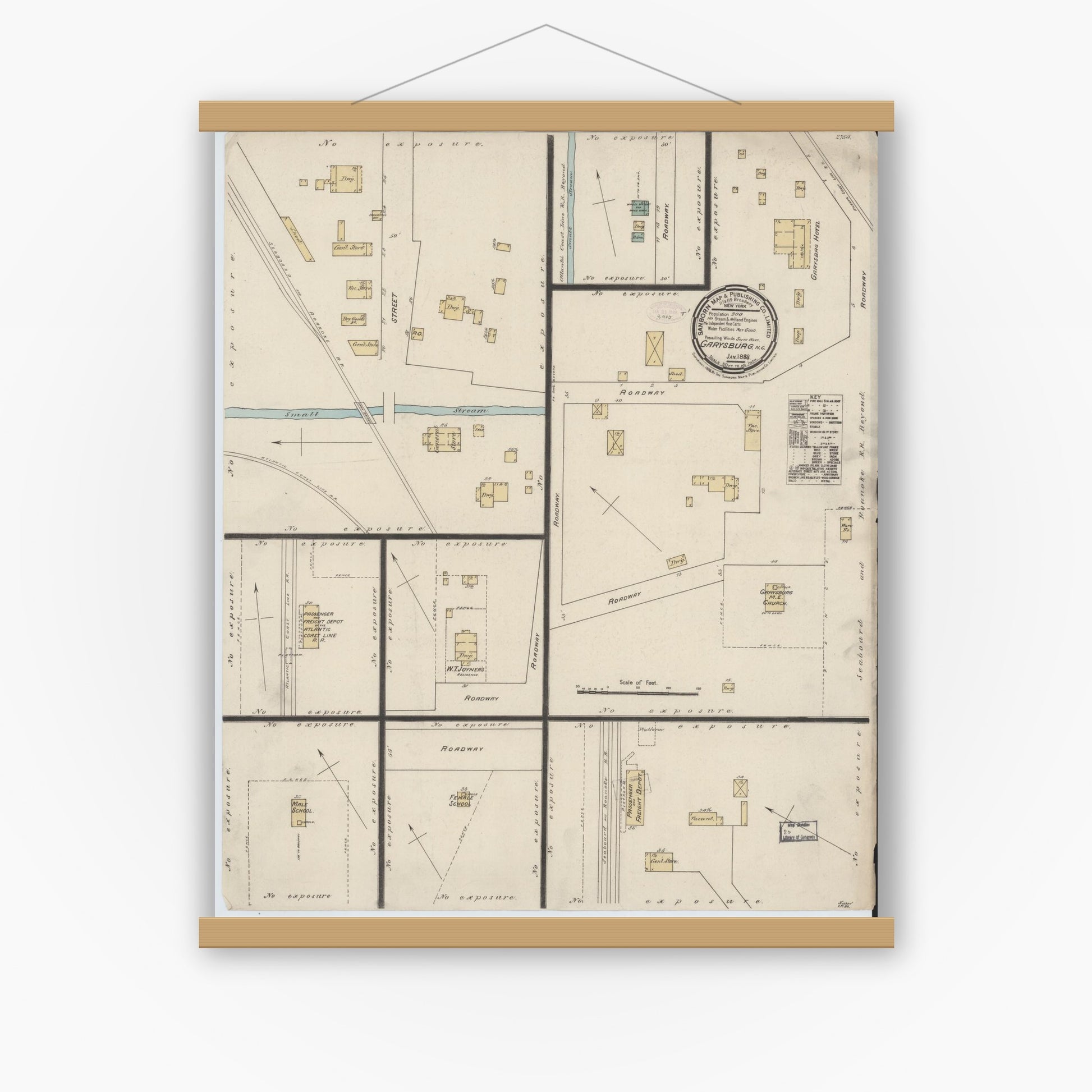 Old map wall art mockup — magnetic wood frame on white wall — Sanborn Fire Insurance Map from Garysburg, Northampton County, North Carolina (1888), Sheet #0001