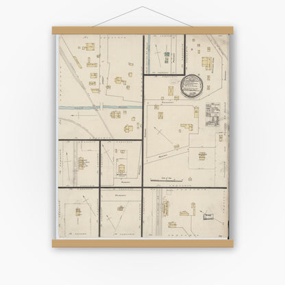 Old map wall art mockup — magnetic wood frame on white wall — Sanborn Fire Insurance Map from Garysburg, Northampton County, North Carolina (1888), Sheet #0001
