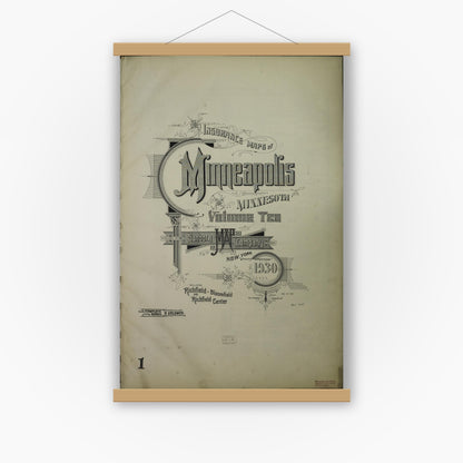 Old map wall art mockup — magnetic wood frame on white wall — Sanborn Fire Insurance Map from Minneapolis, Hennepin County, Minnesota (1930), Sheet #0001