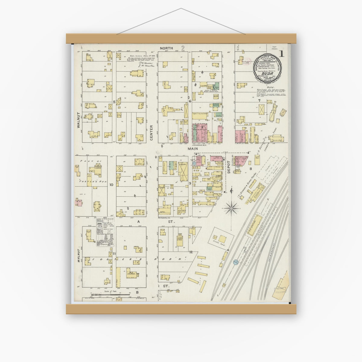 Old map wall art mockup — magnetic wood frame on white wall — Sanborn Fire Insurance Map from Buda, Bureau County, Illinois (1894) - Complete Map Set