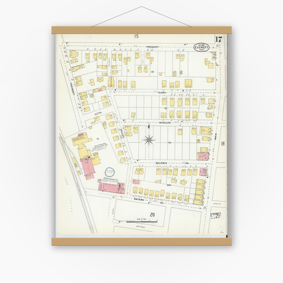 Old map wall art mockup — magnetic wood frame on white wall — Sanborn Fire Insurance Map from Everett, Middlesex County, Massachusetts (1903), Sheet #0017