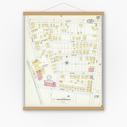 Old map wall art mockup — magnetic wood frame on white wall — Sanborn Fire Insurance Map from Everett, Middlesex County, Massachusetts (1903), Sheet #0017