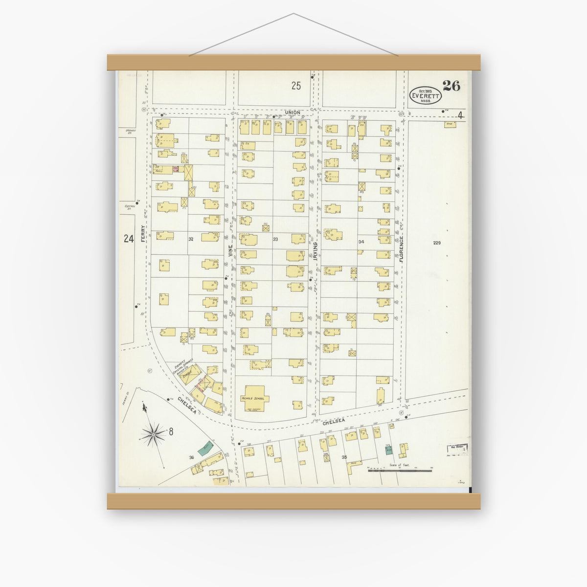 Old map wall art mockup — magnetic wood frame on white wall — Sanborn Fire Insurance Map from Everett, Middlesex County, Massachusetts (1903), Sheet #0026