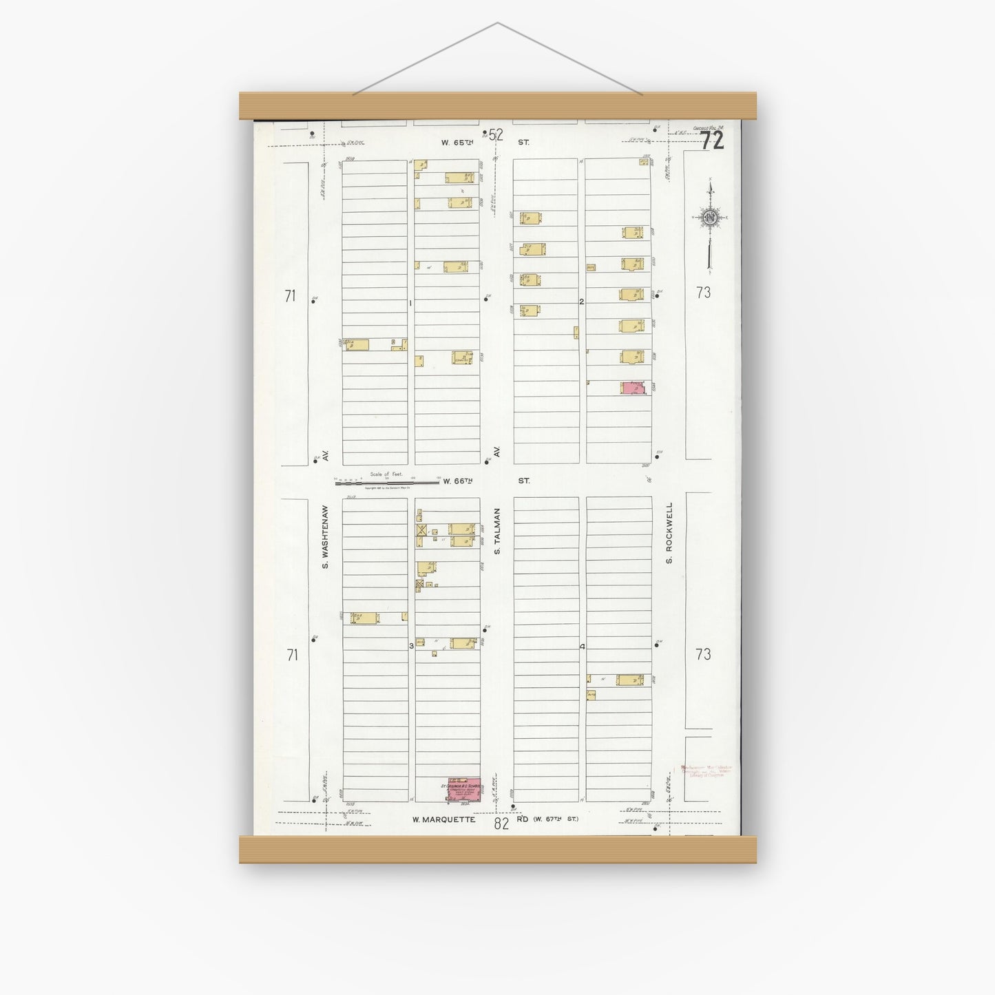 Old map wall art mockup — magnetic wood frame on white wall — Sanborn Fire Insurance Map from Chicago, Cook County, Illinois (1920), Sheet #0072