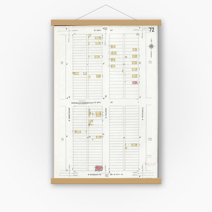 Old map wall art mockup — magnetic wood frame on white wall — Sanborn Fire Insurance Map from Chicago, Cook County, Illinois (1920), Sheet #0072