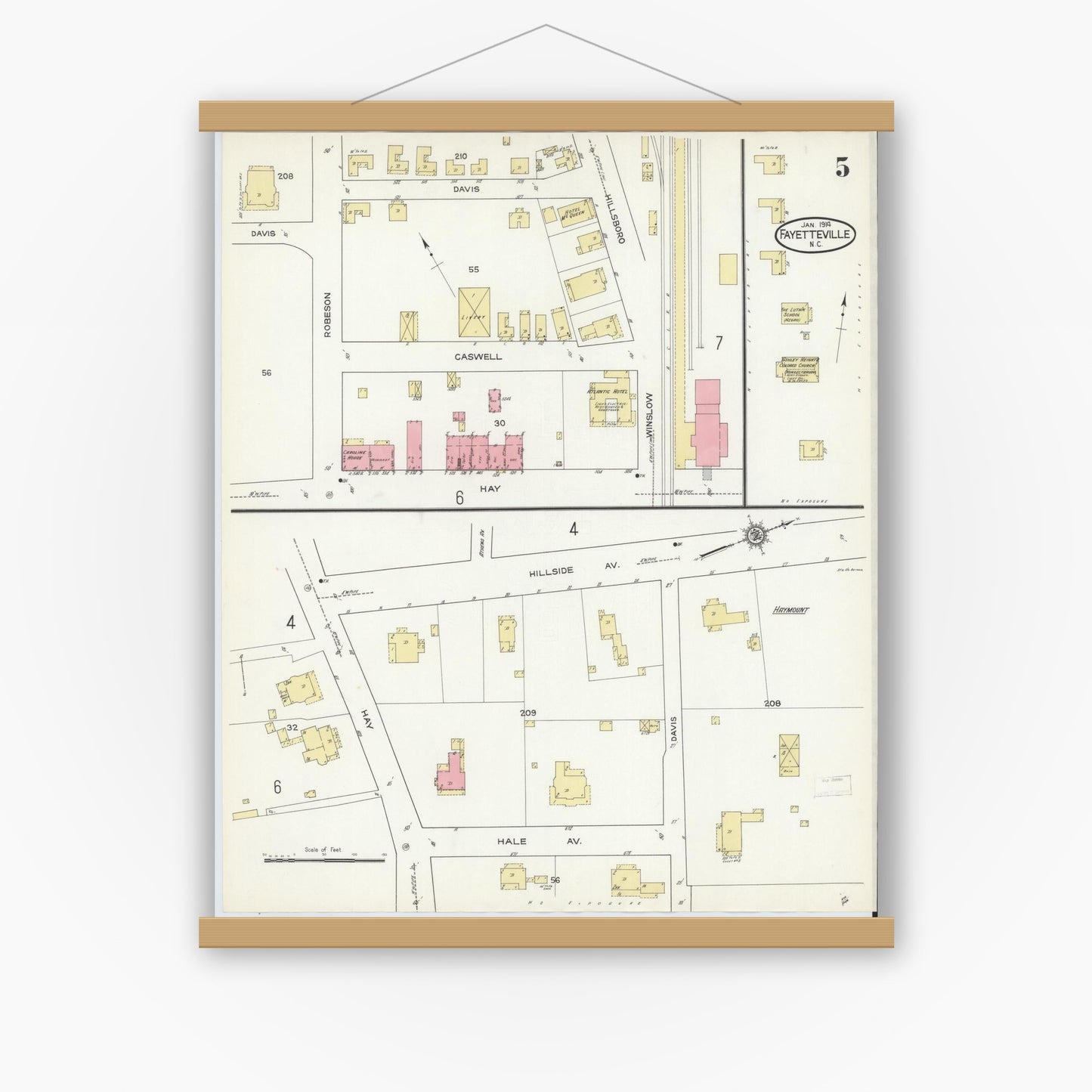 Old map wall art mockup — magnetic wood frame on white wall — Sanborn Fire Insurance Map from Fayetteville, Cumberland County, North Carolina (1914), Sheet #0005