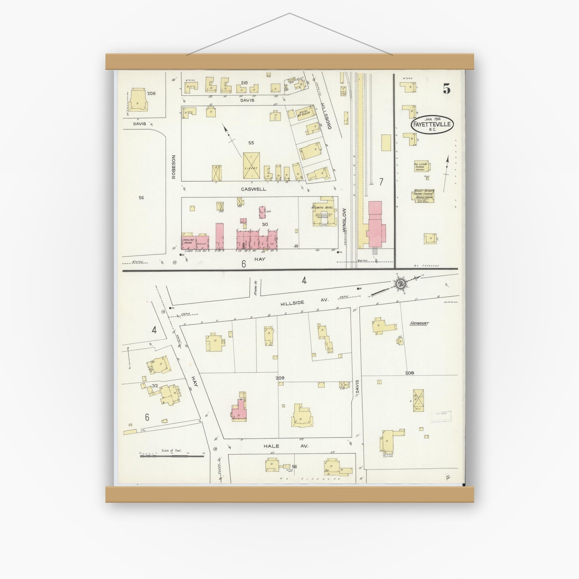 Old map wall art mockup — magnetic wood frame on white wall — Sanborn Fire Insurance Map from Fayetteville, Cumberland County, North Carolina (1914), Sheet #0005