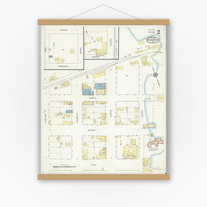 Old map wall art mockup — magnetic wood frame on white wall — Sanborn Fire Insurance Map from Rockport, Aransas County, Texas (1914), Sheet #0002