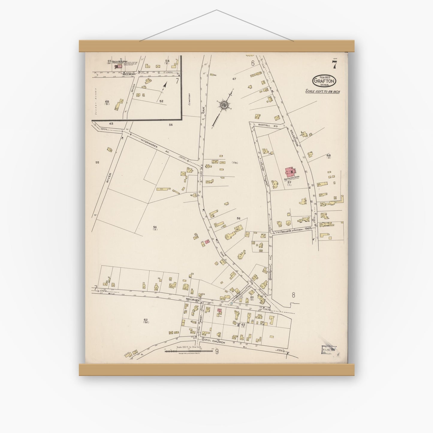 Old map wall art mockup — magnetic wood frame on white wall — Sanborn Fire Insurance Map from Grafton, Worcester County, Massachusetts (1922), Sheet #0007