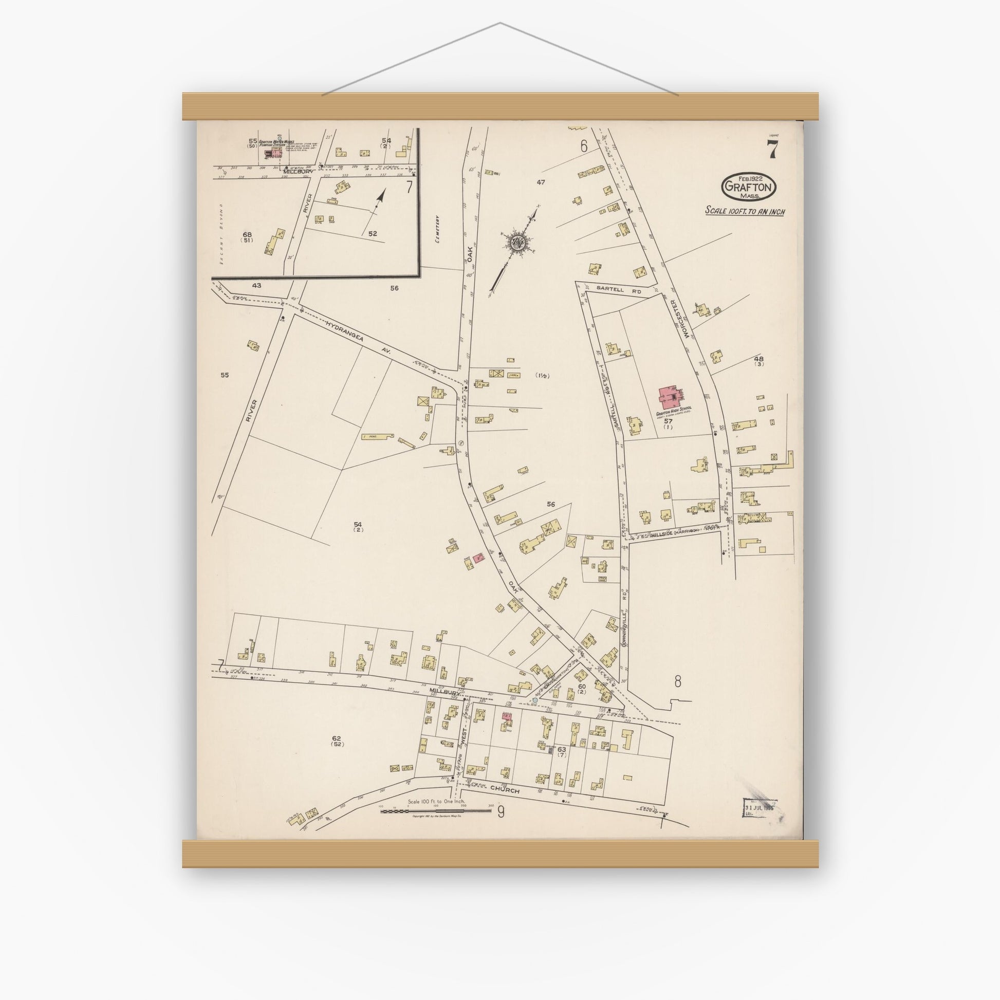 Old map wall art mockup — magnetic wood frame on white wall — Sanborn Fire Insurance Map from Grafton, Worcester County, Massachusetts (1922), Sheet #0007