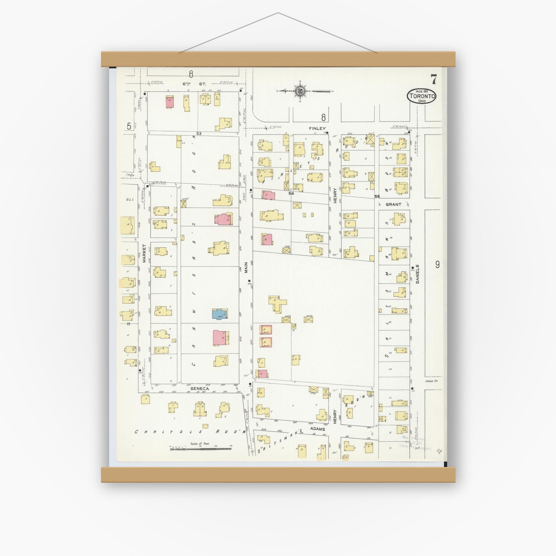 Old map wall art mockup — magnetic wood frame on white wall — Sanborn Fire Insurance Map from Toronto, Jefferson County, Ohio (1911), Sheet #0007