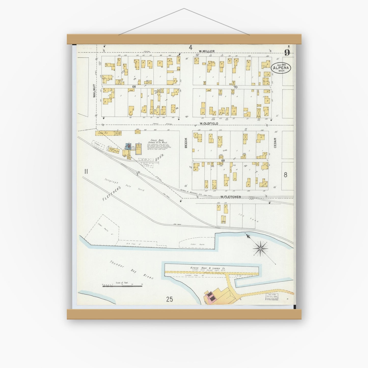 Old map wall art mockup — magnetic wood frame on white wall — Sanborn Fire Insurance Map from Alpena, Alpena County, Michigan (1901), Sheet #0009